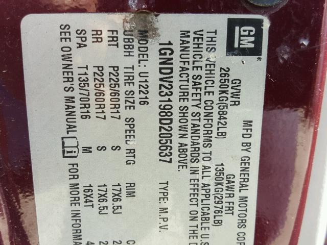 1GNDV23198D205637 - 2008 CHEVROLET UPLANDER L 栗色 照片 10