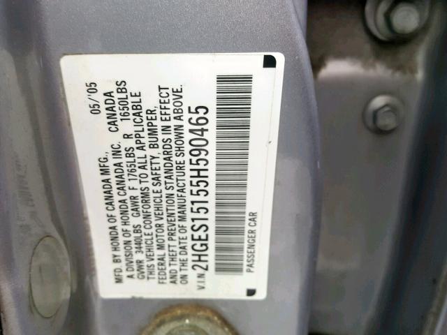 2HGES15155H590465 - 2005 HONDA CIVIC DX SILVER photo 10