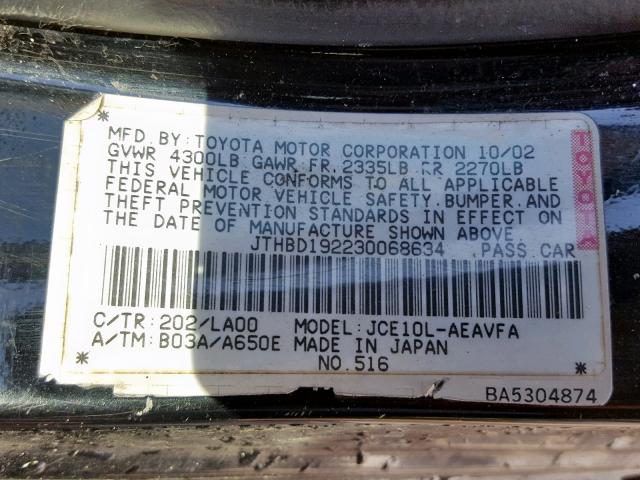 JTHBD192230068634 - 2003 LEXUS IS 300 BLACK photo 10