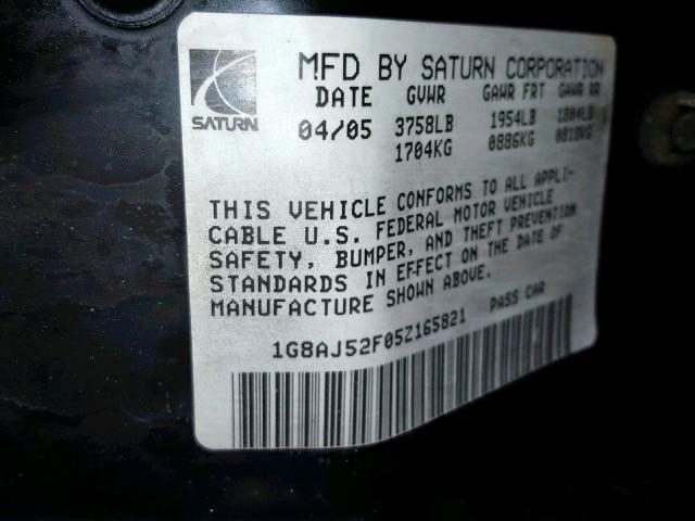 1G8AJ52F05Z165821 - 2005 SATURN ION LEVEL BLUE photo 10