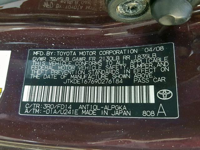 JTKDE167690276184 - 2009 TOYOTA SCION BURGUNDY photo 10