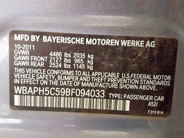 WBAPH5C59BF094033 - 2011 BMW 328 I SULE GRAY photo 10