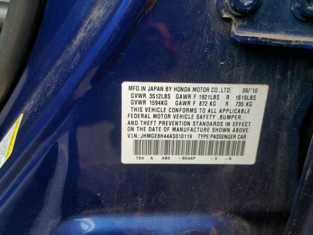 JHMGE8H44AS010119 - 2010 HONDA FIT SPORT BLUE photo 10