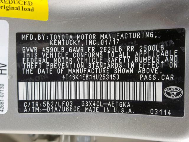 4T1BK1EB1HU253153 - 2017 TOYOTA AVALON XLE GOLD photo 10