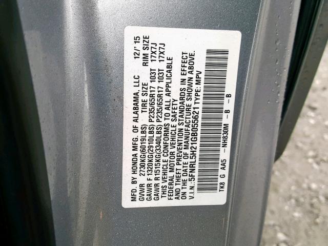 5FNRL5H21GB055621 - 2016 HONDA ODYSSEY LX GRAY photo 10