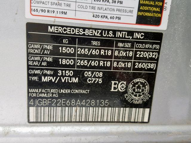 4JGBF22E68A428135 - 2008 MERCEDES-BENZ GL 320 CDI SILVER photo 10