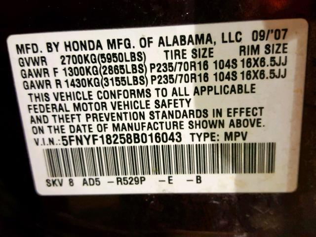 5FNYF18258B016043 - 2008 HONDA PILOT VP MAROON photo 10