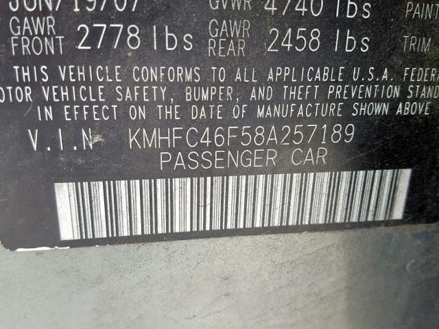 KMHFC46F58A257189 - 2008 HYUNDAI AZERA SE GRAY photo 10