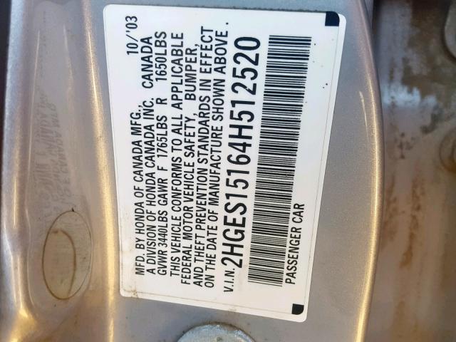 2HGES15164H512520 - 2004 HONDA CIVIC DX SILVER photo 10