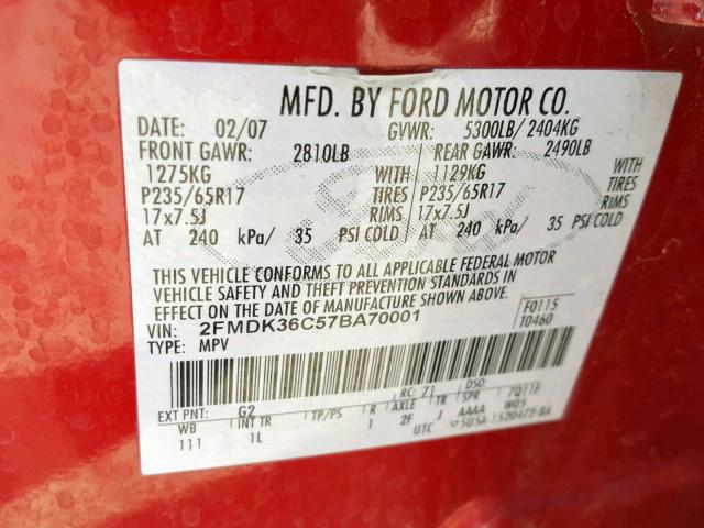 2FMDK36C57BA70001 - 2007 FORD EDGE SE RED photo 10