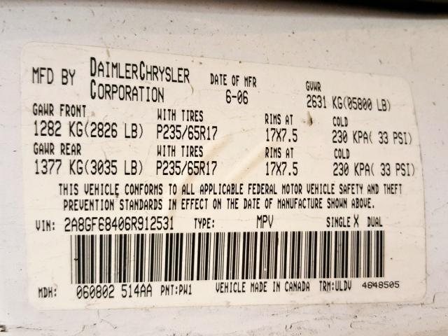 2A8GF68406R912531 - 2006 CHRYSLER PACIFICA T WHITE photo 10