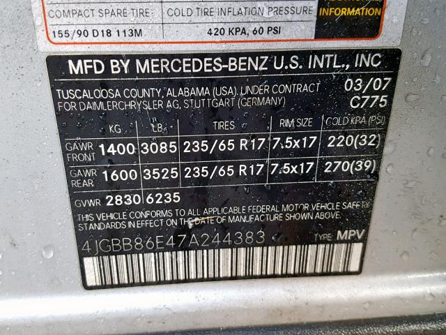 4JGBB86E47A244383 - 2007 MERCEDES-BENZ ML 350 SILVER photo 10