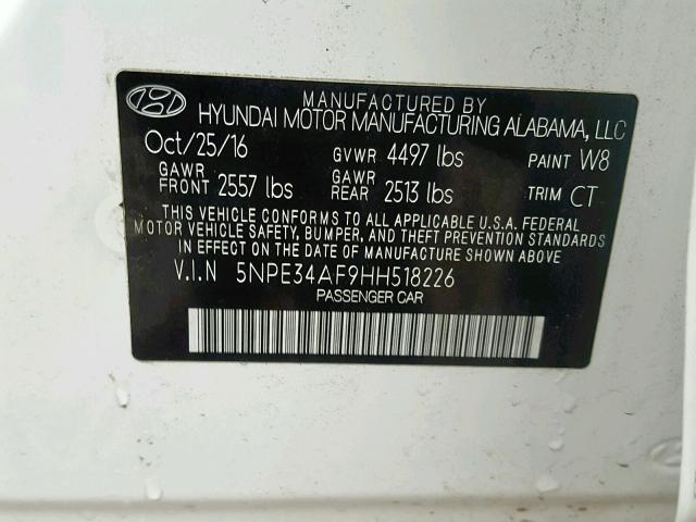 5NPE34AF9HH518226 - 2017 HYUNDAI SONATA SPO WHITE photo 10