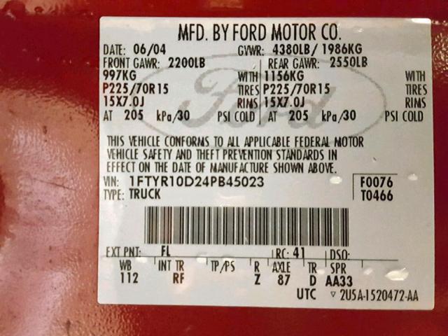 1FTYR10D24PB45023 - 2004 FORD RANGER MAROON photo 10