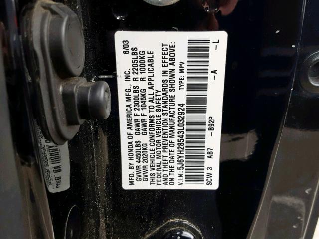 5J6YH28543L032924 - 2003 HONDA ELEMENT EX BLACK photo 10