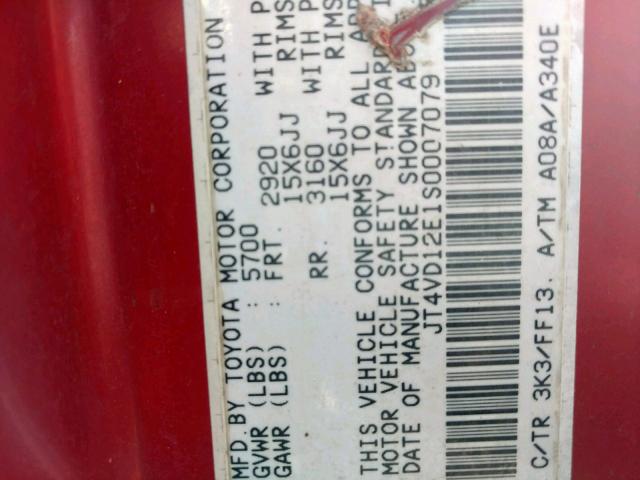 JT4VD12E1S0007079 - 1995 TOYOTA T100 XTRAC RED photo 10