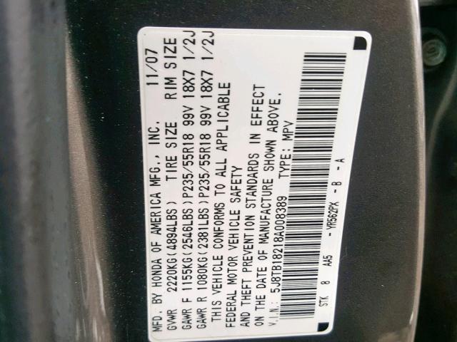 5J8TB18218A008389 - 2008 ACURA RDX GRAY photo 10