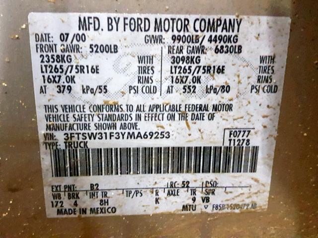 3FTSW31F3YMA69253 - 2000 FORD F350 SRW S GOLD photo 10