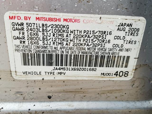 JA4MS31X69Z001682 - 2009 MITSUBISHI OUTLANDER SILVER photo 10