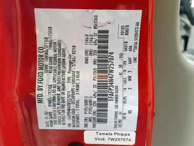 1FAFP34N47W257074 - 2007 FORD FOCUS ZX4 RED photo 10