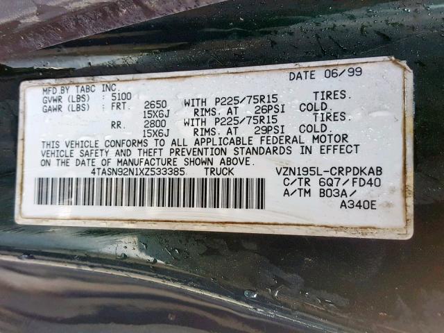 4TASN92N1XZ533385 - 1999 TOYOTA TACOMA XTR GREEN photo 10