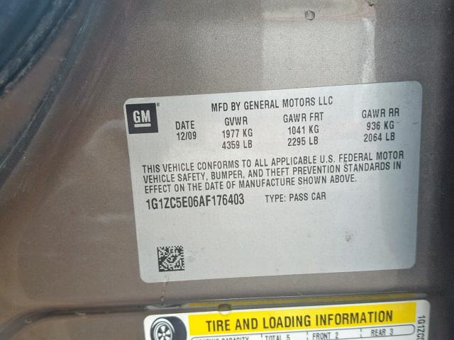 1G1ZC5E06AF176403 - 2010 CHEVROLET MALIBU 1LT ნაცრისფერი ფოტო 10