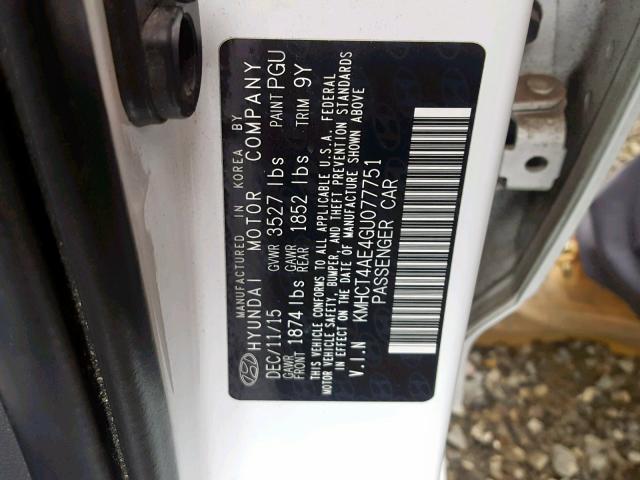 KMHCT4AE4GU077751 - 2016 HYUNDAI ACCENT SE WHITE photo 10