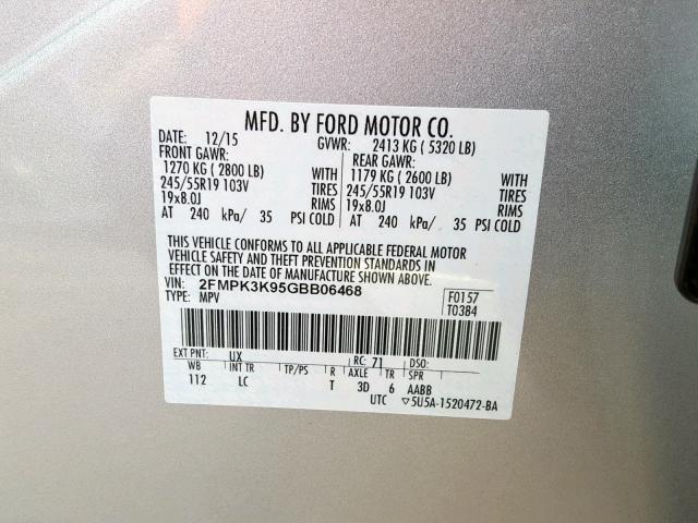 2FMPK3K95GBB06468 - 2016 FORD EDGE TITAN SILVER photo 10