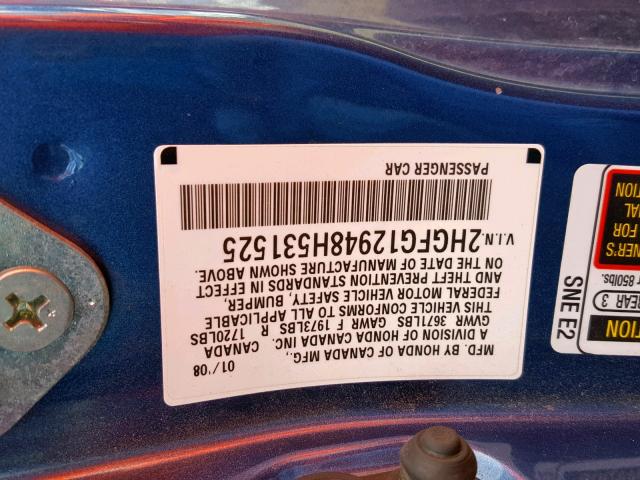 2HGFG12948H531525 - 2008 HONDA CIVIC EXL BLUE photo 10