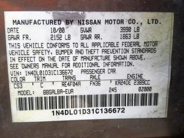 1N4DL01D31C136672 - 2001 NISSAN ALTIMA XE BEIGE photo 10