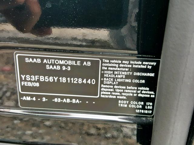 YS3FB56Y181128440 - 2008 SAAB 9-3 2.0T BLACK photo 10