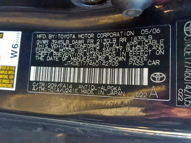 JTKDE177460142705 - 2006 TOYOTA SCION TC შავი ფოტო 10