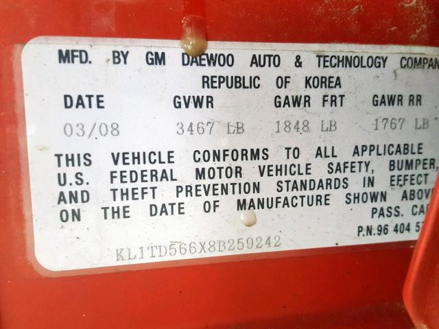 KL1TD566X8B259242 - 2008 CHEVROLET AVEO BASE Қызыл фото 10