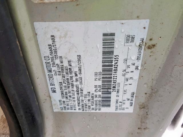 2FMZA52214BA24355 - 2004 FORD FREESTAR S SILVER photo 10