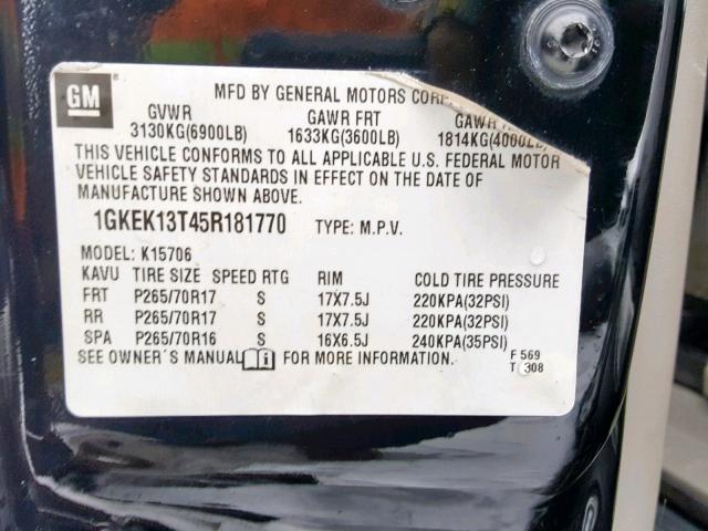 1GKEK13T45R181770 - 2005 GMC YUKON BLACK photo 10