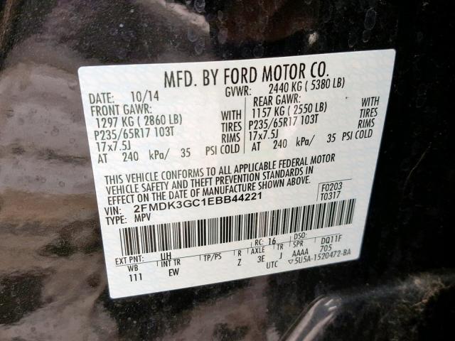 2FMDK3GC1EBB44221 - 2014 FORD EDGE SE BLACK photo 10