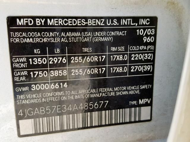 4JGAB57E34A485677 - 2004 MERCEDES-BENZ ML 350 WHITE photo 10