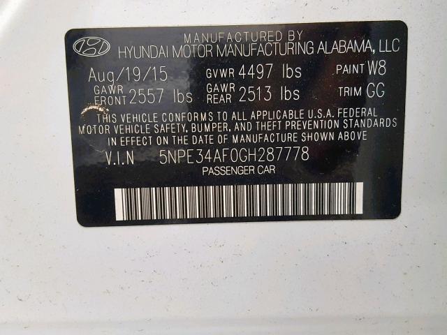 5NPE34AF0GH287778 - 2016 HYUNDAI SONATA SPO WHITE photo 10