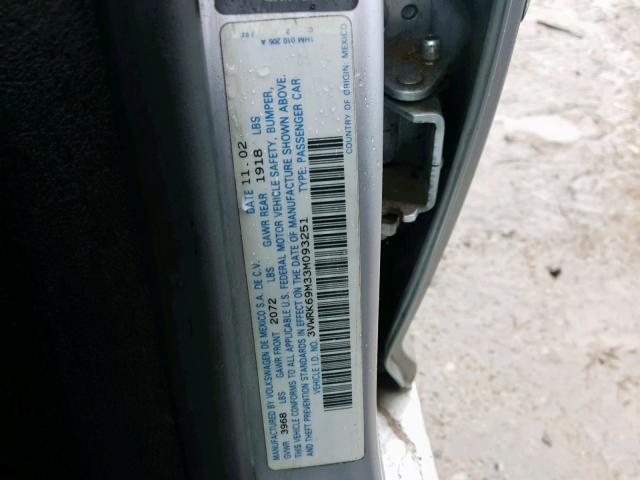 3VWRK69M33M093251 - 2003 VOLKSWAGEN JETTA GL SILVER photo 10