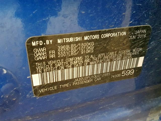 JA32U2FU1GU012985 - 2016 MITSUBISHI LANCER ES BLUE photo 10