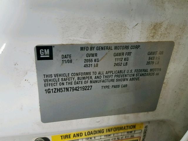 1G1ZH57N794219227 - 2009 CHEVROLET MALIBU 1LT WHITE photo 10