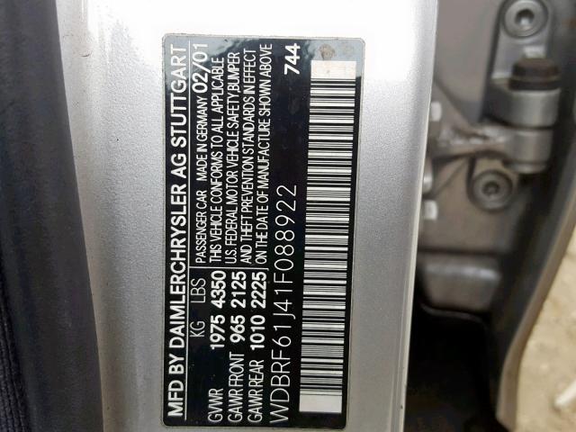 WDBRF61J41F088922 - 2001 MERCEDES-BENZ C 240 SILVER photo 10