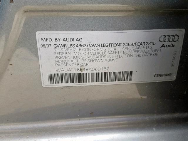 WAUAF78E48A060152 - 2008 AUDI A4 2.0T SILVER photo 10