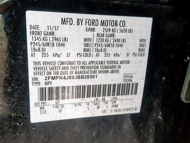 2FMPK4J89JBB28561 - 2018 FORD EDGE SEL BLACK photo 10