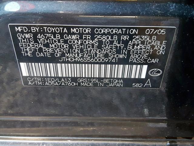 JTHCH96S560009741 - 2006 LEXUS GS GENERAT CHARCOAL photo 10