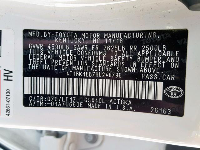 4T1BK1EB7HU248796 - 2017 TOYOTA AVALON XLE WHITE photo 10