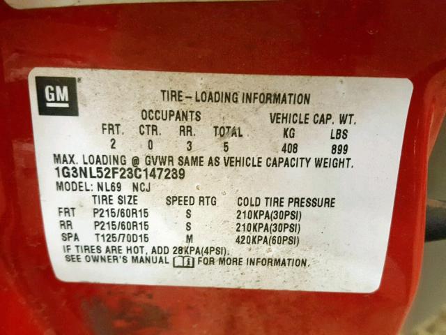 1G3NL52F23C147239 - 2003 OLDSMOBILE ALERO GL RED photo 10