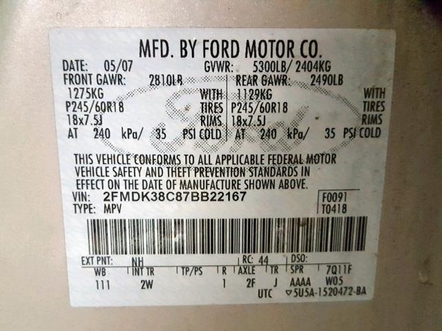 2FMDK38C87BB22167 - 2007 FORD EDGE SEL BEIGE photo 10