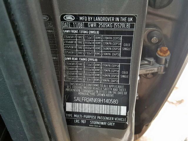 SALFR24N69H140580 - 2009 LAND ROVER LR2 HSE SILVER photo 10