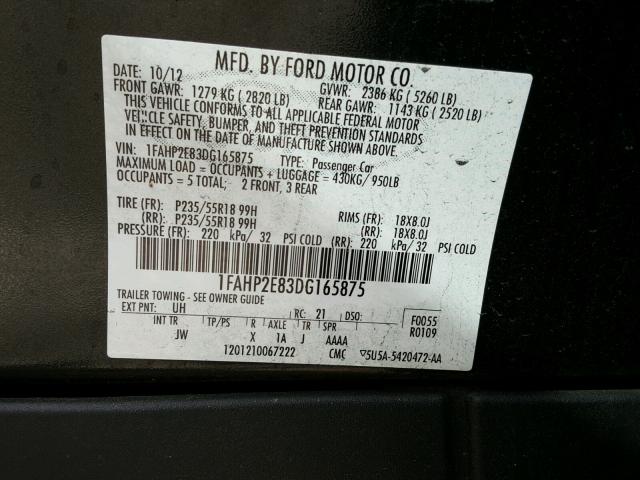 1FAHP2E83DG165875 - 2013 FORD TAURUS SEL BLACK photo 10